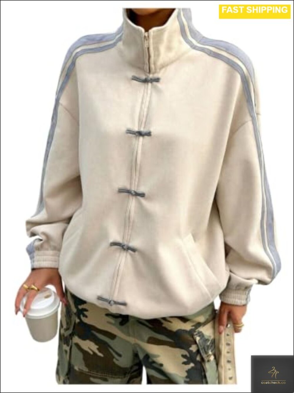 Faux Suede Zip Up Jacket Striped Frog Button Oversized Coat